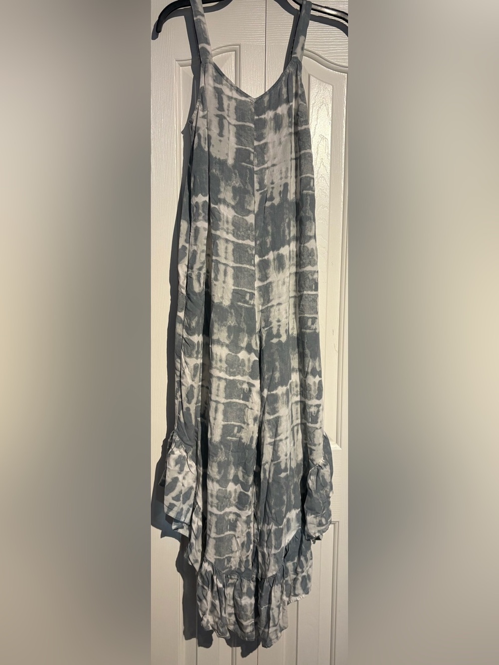Sleeveless Tie-Dye Gray & White Ruffle-Hem Jumpsuit